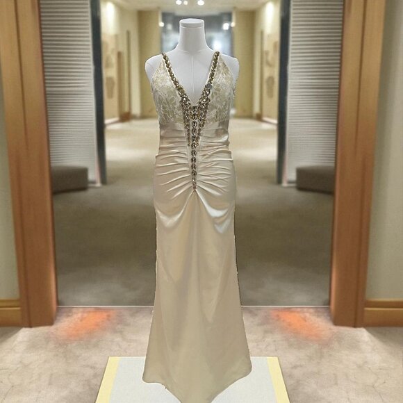 Ever Pretty Gold Satin Gown Prom Dress Glam Formal Occasion Elegant US12 - Picture 1 of 9